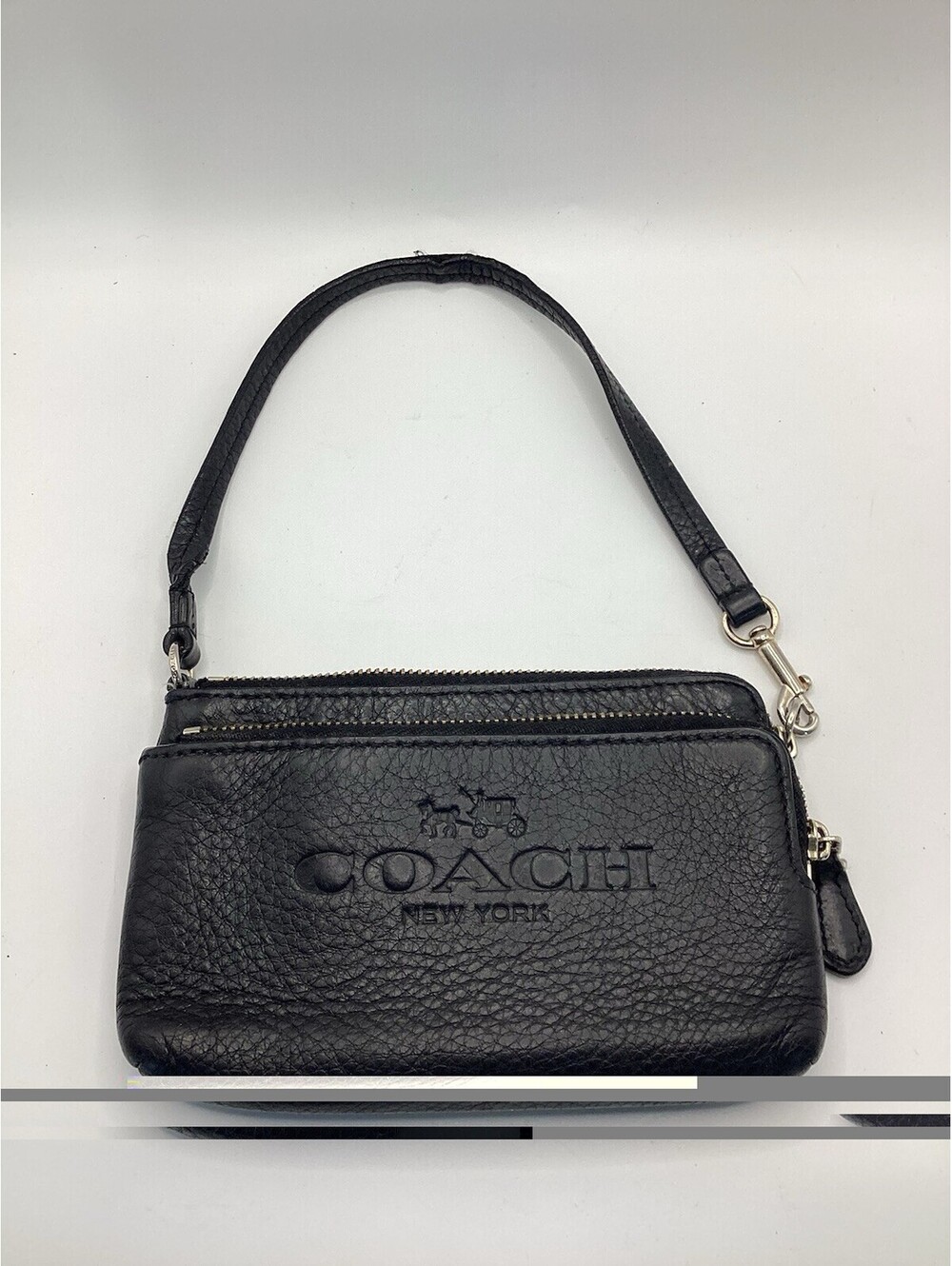 Coach Black Pebbled Leather Double Zip Wristlet Wallet Gold Tone Logo